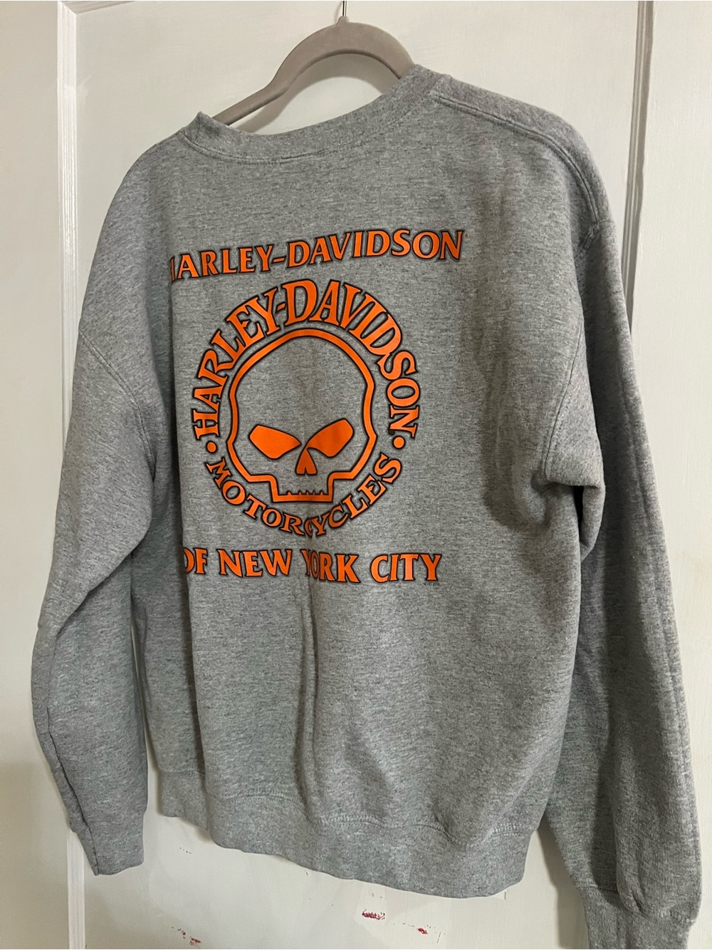Harley-Davidson Gray Crewneck with Bright Orange Skull Back Graphic